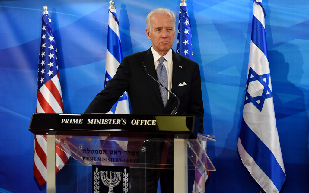 Then-US Vice President Joe Biden at a press conference at the Prime Minister's Office in Jerusalem, March 9, 2016. (Debbie Hill, Pool via AP) Then-US Vice President Joe Biden at a press conference at the Prime Minister's Office in Jerusalem, March 9, 2016. (Debbie Hill, Pool via AP)