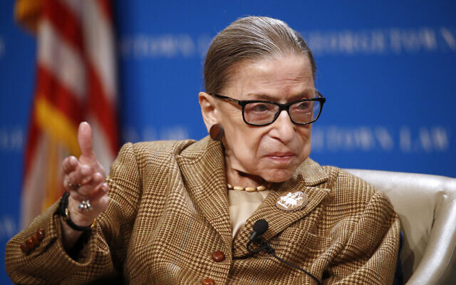 US Supreme Court Associate Justice Ruth Bader Ginsburg speaks during a discussion on the 100th anniversary of the ratification of the 19th Amendment at Georgetown University Law Center in Washington, Feb. 10, 2020. (AP Photo/Patrick Semansky)