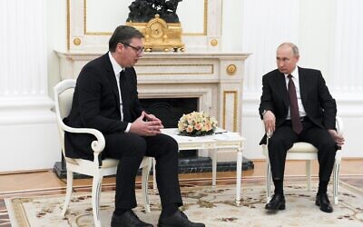 Serbian President Aleksandar Vucic, left, speaks to Russian President Vladimir Putin during their meeting in the Kremlin in Moscow, Russia, June 23, 2020. (Alexei Nikolsky, Sputnik, Kremlin Pool Photo via AP)
