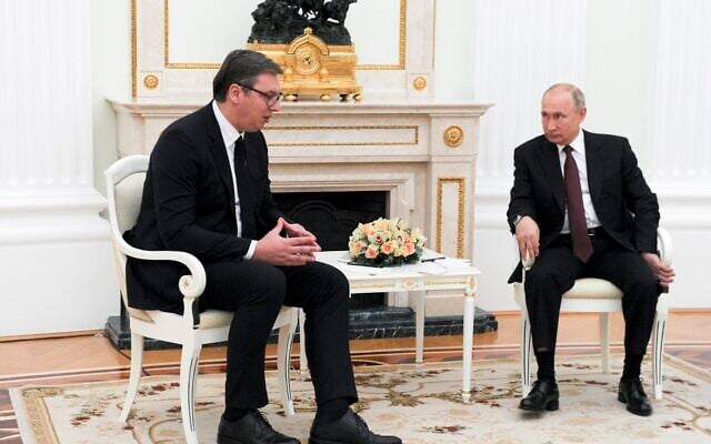 Serbian President Aleksandar Vucic, left, speaks to Russian President Vladimir Putin during their meeting in the Kremlin in Moscow, Russia, June 23, 2020. (Alexei Nikolsky, Sputnik, Kremlin Pool Photo via AP) Serbian President Aleksandar Vucic, left, speaks to Russian President Vladimir Putin during their meeting in the Kremlin in Moscow, Russia, June 23, 2020. (Alexei Nikolsky, Sputnik, Kremlin Pool Photo via AP)