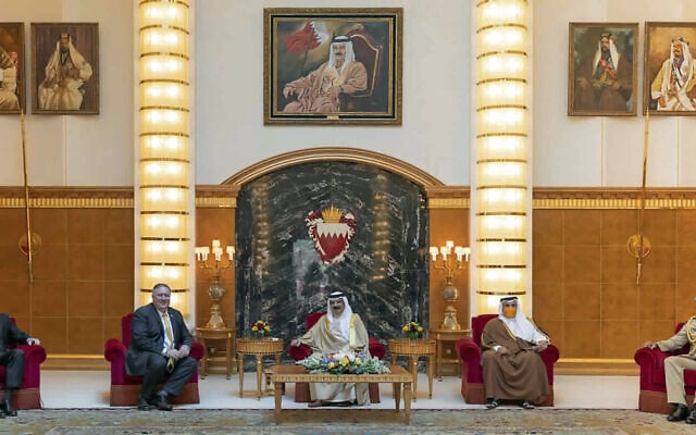 From left, U.S. special representative for Iran Brian Hook, U.S. Secretary of State Mike Pompeo, Bahraini King Hamad bin Isa Al Khalifa, Bahraini Crown Prince Salman bin Hamad Al Khalifa and Bahraini national security adviser Nasser bin Hamad Al Khalifa meet at Sakhir Palace in Manama, Bahrain, Wednesday, Aug. 26, 2020. (Bahrain News Agency via AP) From left, U.S. special representative for Iran Brian Hook, U.S. Secretary of State Mike Pompeo, Bahraini King Hamad bin Isa Al Khalifa, Bahraini Crown Prince Salman bin Hamad Al Khalifa and Bahraini national security adviser Nasser bin Hamad Al Khalifa meet at Sakhir Palace in Manama, Bahrain, Wednesday, Aug. 26, 2020. (Bahrain News Agency via AP)