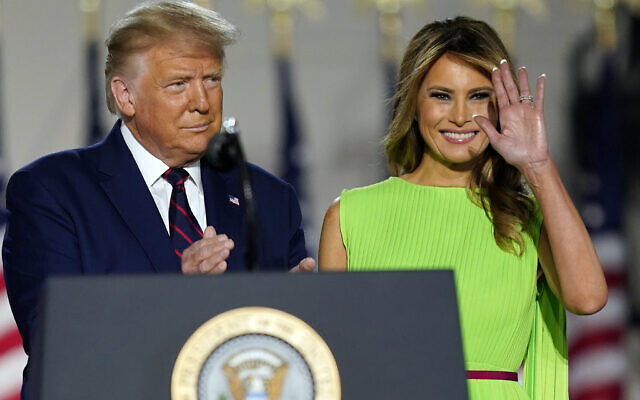 US President Donald Trump and first lady Melania Trump arrive on South Lawn of the White House on the fourth day of the Republican National Convention on August 27, 2020, in Washington. (AP/Evan Vucci) US President Donald Trump and first lady Melania Trump arrive on South Lawn of the White House on the fourth day of the Republican National Convention on August 27, 2020, in Washington. (AP/Evan Vucci)