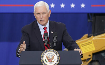 US Vice President Mike Pence speaks at a campaign event on the grounds of Kuharchik Construction, Inc., September 1, 2020, in Exeter, Pennsylvania. (AP Photo/John Minchillo)