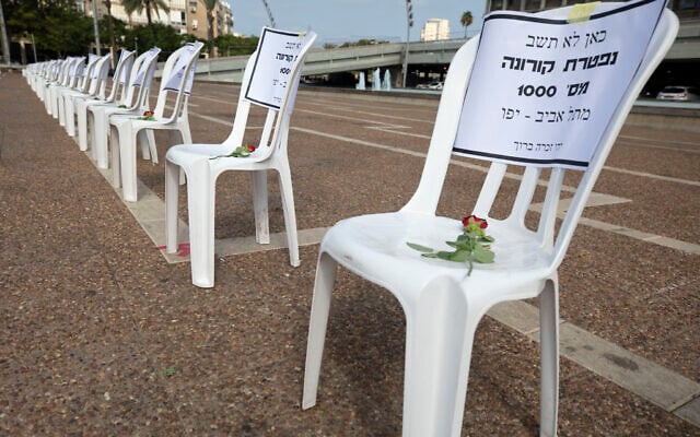 Chairs protesting coronavirus deaths are placed in Rabin Square in Tel Aviv, Sept. 7, 2020 (AP Photo/Sebastian Scheiner)