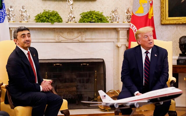 President Donald Trump meets with United Arab Emirates Foreign Minister Abdullah bin Zayed al-Nahyan in the Oval Office, Tuesday, Sept. 15, 2020, at the White House in Washington. (AP/Alex Brandon)