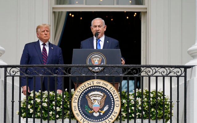 Prime Minister Benjamin Netanyahu (right) with US President Donald Trump, during the Abraham Accords signing ceremony on the South Lawn of the White House, in Washington, September 15, 2020. (Alex Brandon/AP) Prime Minister Benjamin Netanyahu (right) with US President Donald Trump, during the Abraham Accords signing ceremony on the South Lawn of the White House, in Washington, September 15, 2020. (Alex Brandon/AP)