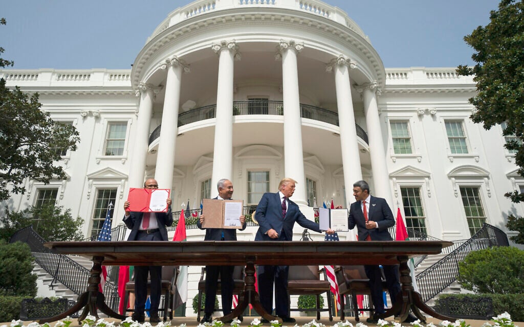 US President Donald Trump, center, with, from left, Bahrain Foreign Minister Abdullatif al-Zayani, Prime Minister Benjamin Netanyahu, and United Arab Emirates Foreign Minister Abdullah bin Zayed al-Nahyan, during the Abraham Accords signing ceremony on the South Lawn of the White House, September 15, 2020, in Washington. (Alex Brandon/AP) US President Donald Trump, center, with, from left, Bahrain Foreign Minister Abdullatif al-Zayani, Prime Minister Benjamin Netanyahu, and United Arab Emirates Foreign Minister Abdullah bin Zayed al-Nahyan, during the Abraham Accords signing ceremony on the South Lawn of the White House, September 15, 2020, in Washington. (Alex Brandon/AP)