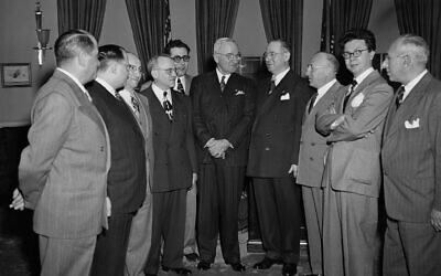 President Harry Truman poses with a committee from the American Association of English-Jewish newspapers in Washington, on Feb. 21, 1949 including fourth from right, Dr. Alexander Brin of the Boston Jewish Advocate (AP Photo/Henry Griffin)