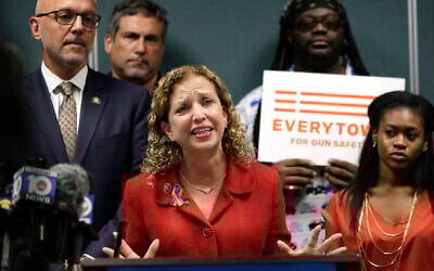 US Congresswoman Debbie Wasserman Schultz speaks during a news conference with Congressman Ted Deutch (L) looking on in Fort Lauderdale, Florida on July 5, 2016, (AP/Lynne Sladky)