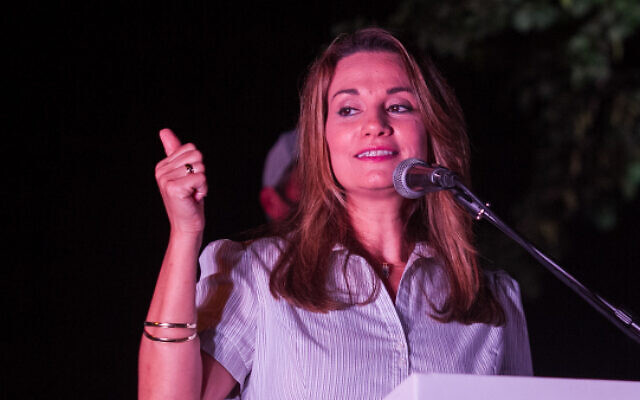 Likud MK Yifat Shasha-Biton speaks outside her home in Zichron Yaakov, on August 2, 2020 (Flash90)