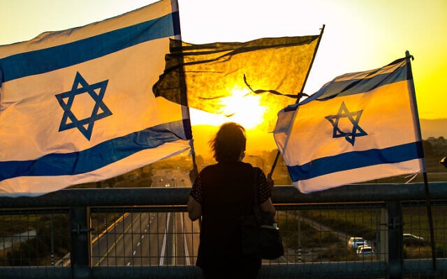 An Israeli protests against Prime Minister Benjamin Netanyahu from a bridge in the Jezreel Valley on September 26, 2020. (Anat Hermony/Flash90) An Israeli protests against Prime Minister Benjamin Netanyahu from a bridge in the Jezreel Valley on September 26, 2020. (Anat Hermony/Flash90)