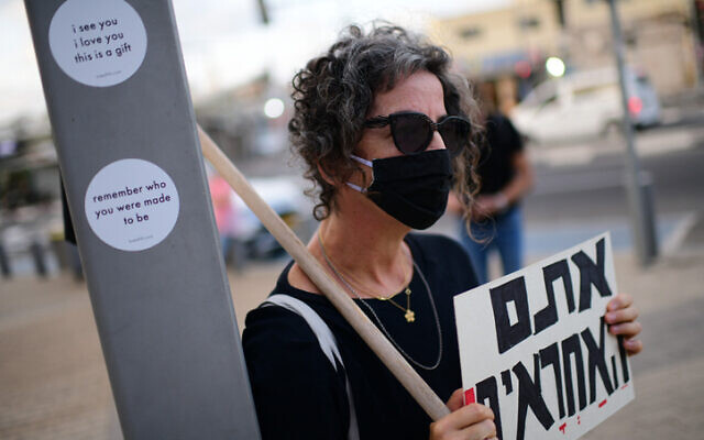 An Israeli protester in Tel Aviv on September 29, 2020. The sign reads "You are responsible." (Tomer Neuberg/Flash90) An Israeli protester in Tel Aviv on September 29, 2020. The sign reads "You are responsible." (Tomer Neuberg/Flash90)