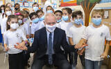 Education Minister Yoav Gallant visits schoolchildren on the first day of the school year in Mevo Horon, September 1, 2020. (Marc Israel Sellem/Pool/AFP)