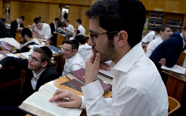 Illustrative: Students at the Darchei Torah Boys School study during a visit to the school by the US Secretary of Education Betsy DeVos, May 16, 2018 in the Far Rockaway neighborhood of the Queens borough in New York City. (Photo by Andrew Lichtenstein/Corbis via Getty Images via JTA) Illustrative: Students at the Darchei Torah Boys School study during a visit to the school by the US Secretary of Education Betsy DeVos, May 16, 2018 in the Far Rockaway neighborhood of the Queens borough in New York City. (Photo by Andrew Lichtenstein/Corbis via Getty Images via JTA)