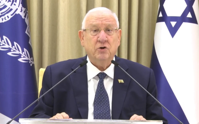 President Reuven Rivlin addresses the nation in a televised speech from his official residence in Jerusalem on August 16, 2020. (Screen capture: Facebook) President Reuven Rivlin addresses the nation in a televised speech from his official residence in Jerusalem on August 16, 2020. (Screen capture: Facebook)