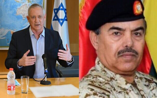 Composite image shows, at left, Defense Minister Benny Gantz in Tel Aviv, August 18, 2020, and at right, Bahraini Minister of Defense Affairs, Abdullah bin Hassan al-Nuaimi, in an undated photograph. (Ariel Hermoni/Defense Ministry, Bahrain News Agency) Composite image shows, at left, Defense Minister Benny Gantz in Tel Aviv, August 18, 2020, and at right, Bahraini Minister of Defense Affairs, Abdullah bin Hassan al-Nuaimi, in an undated photograph. (Ariel Hermoni/Defense Ministry, Bahrain News Agency)
