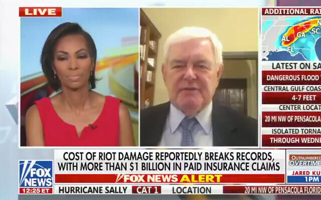 Harris Faulkner, left, and former House Speaker Newt Gingrich on Fox News, Sept. 16, 2020. (Screenshot via JTA) Harris Faulkner, left, and former House Speaker Newt Gingrich on Fox News, Sept. 16, 2020. (Screenshot via JTA)