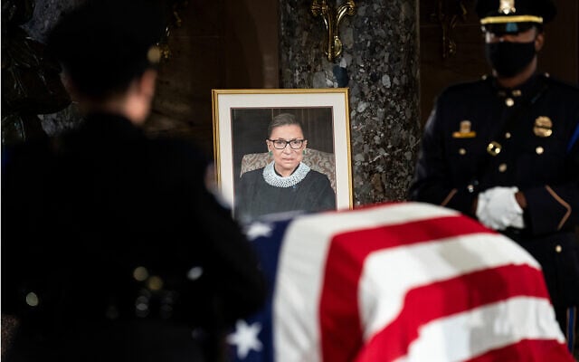 The flag-draped casket of Justice Ruth Bader Ginsburg lies in state in the US Capitol, Sept. 25, 2020. (Erin Schaff/The New York Times via AP, Pool) The flag-draped casket of Justice Ruth Bader Ginsburg lies in state in the US Capitol, Sept. 25, 2020. (Erin Schaff/The New York Times via AP, Pool)