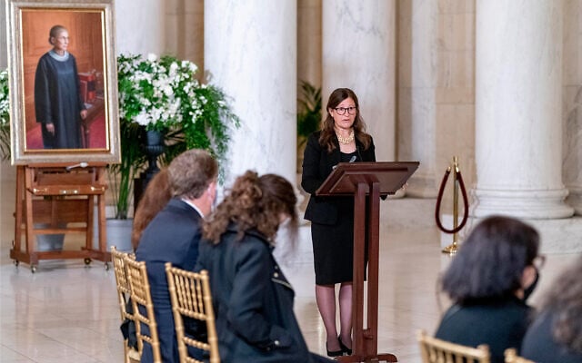 Rabbi Lauren Holtzblatt speaks during a private ceremony for Justice Ruth Bader Ginsburg at the Supreme Court in Washington, September 23, 2020. (AP Photo/Andrew Harnik, Pool) Rabbi Lauren Holtzblatt speaks during a private ceremony for Justice Ruth Bader Ginsburg at the Supreme Court in Washington, September 23, 2020. (AP Photo/Andrew Harnik, Pool)