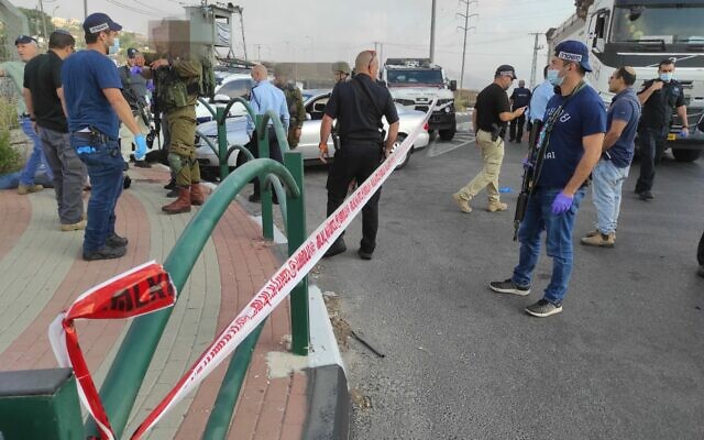 Police and emergency services respond to a suspected car-ramming attack in the northern West Bank on September 2, 2020. (Israel Police) Police and emergency services respond to a suspected car-ramming attack in the northern West Bank on September 2, 2020. (Israel Police)