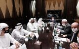Emirati and Israeli officials discuss future cooperation agreements in Abu Dhabi on August 31, 2020. (Amos Ben-Gershom/GPO)