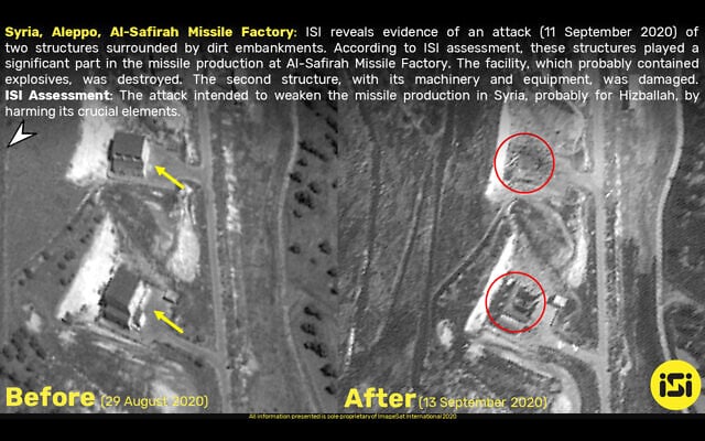 The results of a reported Israeli airstrike on a missile production in the town of al-Safira, outside Aleppo, in northern Syria on September 11, 2020. (ImageSat International) The results of a reported Israeli airstrike on a missile production in the town of al-Safira, outside Aleppo, in northern Syria on September 11, 2020. (ImageSat International)