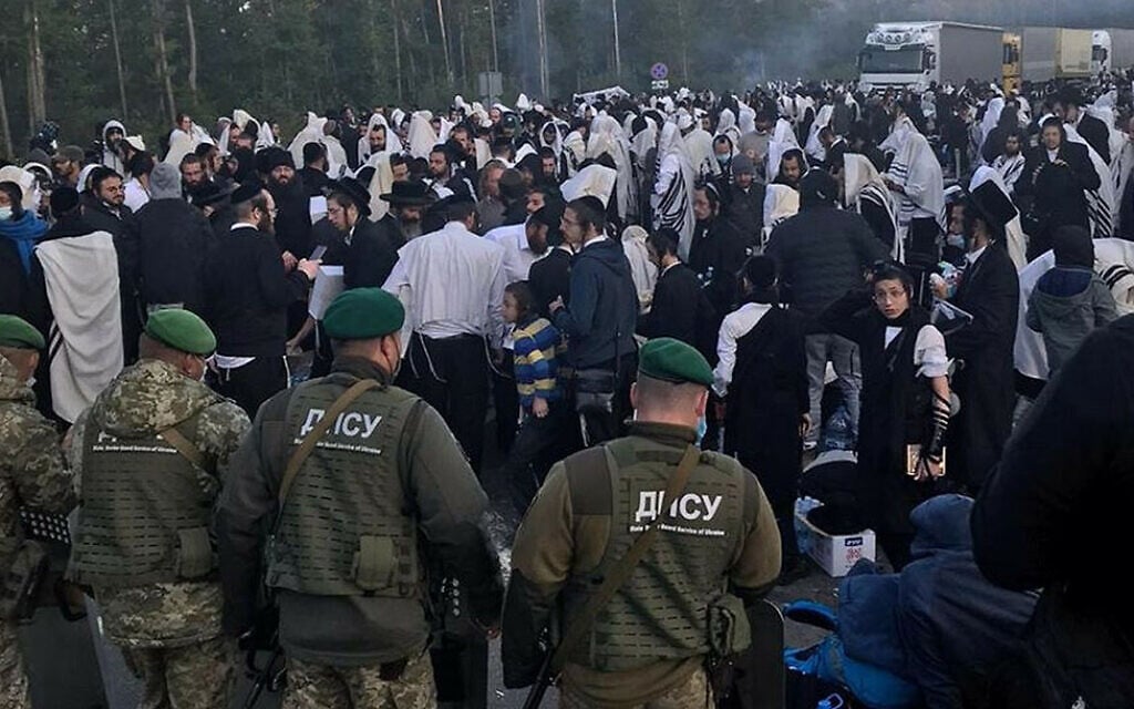 Belarusian soldiers guard the border to Ukraine against hundreds of Jewish pilgrims on Sept. 15, 2020. (Courtey of Shahar Eliyahu via JTA) Belarusian soldiers guard the border to Ukraine against hundreds of Jewish pilgrims on Sept. 15, 2020. (Courtey of Shahar Eliyahu via JTA)