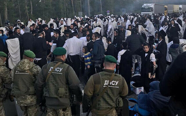 Belarusian soldiers guard the border to Ukraine against hundreds of Jewish pilgrims on Sept. 15, 2020. (Courtey of Shahar Eliyahu via JTA) Belarusian soldiers guard the border to Ukraine against hundreds of Jewish pilgrims on Sept. 15, 2020. (Courtey of Shahar Eliyahu via JTA)