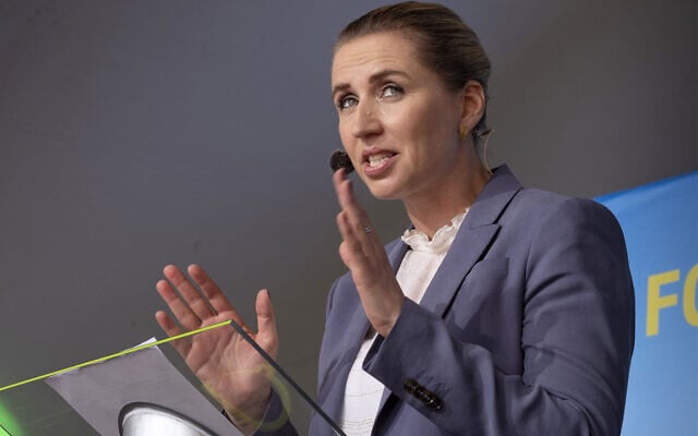 Danish Prime Minister Mette Frederiksen speaks in Bornholm, June 14, 2019. ( News Øresund/Johan Wessman via JTA) Danish Prime Minister Mette Frederiksen speaks in Bornholm, June 14, 2019. ( News Øresund/Johan Wessman via JTA)