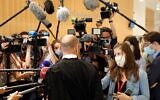 Charlie Hebdo's lawyer Richard Malka speaks to the press at the Tribunal de Paris courthouse in Paris, on September 9, 2020, during the trial of 14 people suspected of being accomplices in the Charlie Hebdo and Hyper Cacher jihadist killings. (GEOFFROY VAN DER HASSELT/AFP via JTA)