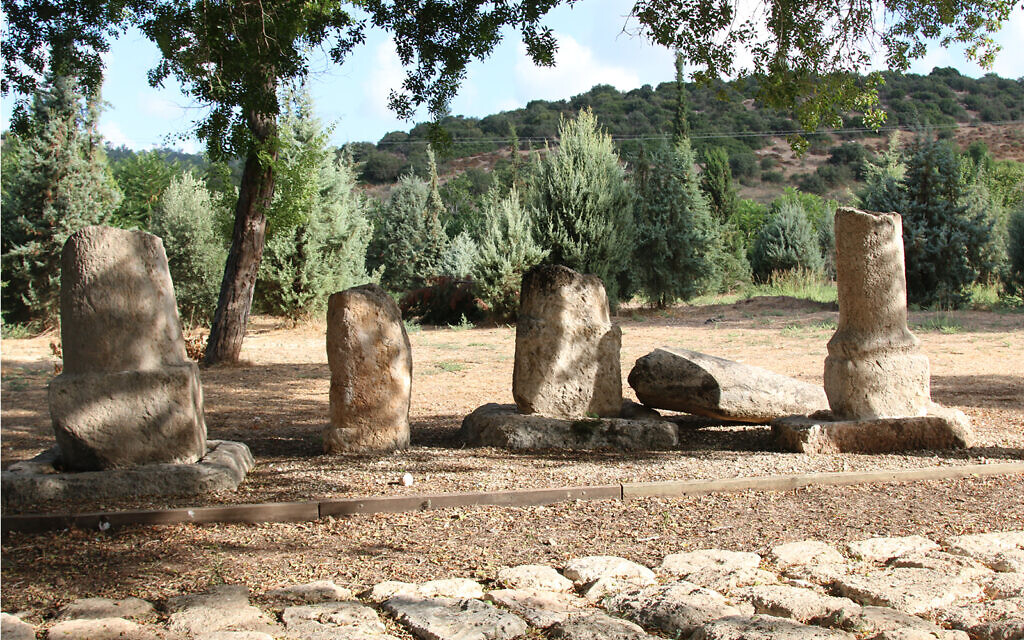 Heavy Roman-era milestones, two of them inscribed, at the Givat Yeshayahu archaeological garden. They were brought to the site after cranes extracted them from along today’s Highway 38. (Shmuel Bar-Am)