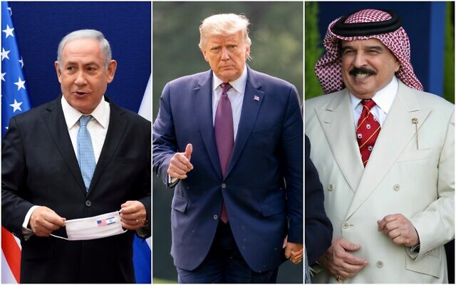 Photo collage: Prime Minister Benjamin Netanyahu (L) at a press conference about the Israel-UAE peace accords, in Jerusalem on August 30, 2020; US President Donald Trump (C) arrives on the south lawn of the White House on September 11, 2020; and Bahrain's King Hamad bin Isa Al Khalifa at the Royal Windsor Horse Show in Windsor, England on May 10, 2019. (Andrew Matthews, Andrew Harnik, Debbie Hill/AP) Photo collage: Prime Minister Benjamin Netanyahu (L) at a press conference about the Israel-UAE peace accords, in Jerusalem on August 30, 2020; US President Donald Trump (C) arrives on the south lawn of the White House on September 11, 2020; and Bahrain's King Hamad bin Isa Al Khalifa at the Royal Windsor Horse Show in Windsor, England on May 10, 2019. (Andrew Matthews, Andrew Harnik, Debbie Hill/AP)