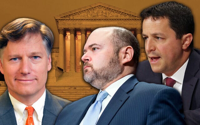 Three Jewish candidates on US President Donald Trump's list of potential appointees to replace the late Justice Ruth Bader Ginsburg on the Supreme Court: (Left to right) Ambassador Christopher Landau (State Department Official Portrait); David Stras (Getty Images); and Steven Engel (Mark Wilson/Getty Images). Background: Supreme Court Building (Wikimedia Commons). Collage via JTA. Three Jewish candidates on US President Donald Trump's list of potential appointees to replace the late Justice Ruth Bader Ginsburg on the Supreme Court: (Left to right) Ambassador Christopher Landau (State Department Official Portrait); David Stras (Getty Images); and Steven Engel (Mark Wilson/Getty Images). Background: Supreme Court Building (Wikimedia Commons). Collage via JTA.