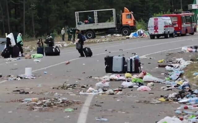 Trash left on the Belarus-Ukraine border after a standoff over the entry of Jewish pilgrims, September 18, 2020 (Screen grab) Trash left on the Belarus-Ukraine border after a standoff over the entry of Jewish pilgrims, September 18, 2020 (Screen grab)