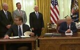 Serbian President Aleksandar Vucic (seated, left) appears to react with puzzlement as US President Donald Trump announces that his country will be moving its Israel embassy to Jerusalem by July 2021. (screenshot)