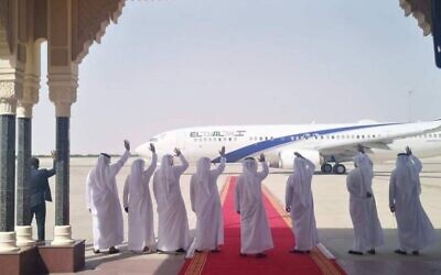 Illustrative: UAE delegates wave to the departing El Al plane at the end of the Israel-UAE normalization talks, with the US, in Abu Dhabi, September 1, 2020. (El Al spokesperson's office)