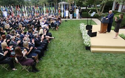 In this photo taken on September 26, 2020 US President Donald Trump announces 7th US Circuit Court Judge Amy Coney Barrett (R) as his nominee to the Supreme Court in the Rose Garden at the White House in Washington, DC. (CHIP SOMODEVILLA / GETTY IMAGES NORTH AMERICA / AFP)