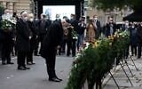German President Frank-Walter Steinmeier (C) and President of the Central Council of Jews in Germany Josef Schuster (2nd-L) attend a commemoration service on the first anniversary of the antisemitic attack on the synagogue in Halle, Germany, on October 9, 2020. (Ronny Hartmann/AFP)