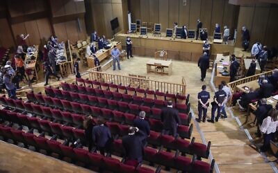 A general view of the court room and the Presiding Judge Maria Lepenioti during the trial of the Golden Dawn party trial in Athens on October 12, 2020 (LOUISA GOULIAMAKI / AFP)