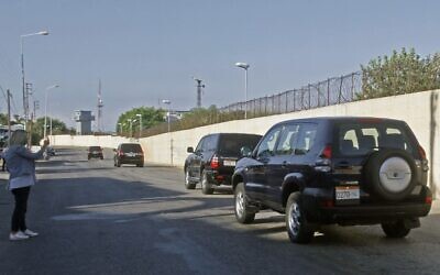 A diplomatic convoy carrying UN officials to attend the first round of talks between Lebanese and Israeli delegations on the demarcation of the maritime frontier between the two countries, which are still in a state of war, in the southern Lebanese border town of Naqura on October 14, 2020. (Mahmoud ZAYYAT/AFP)
