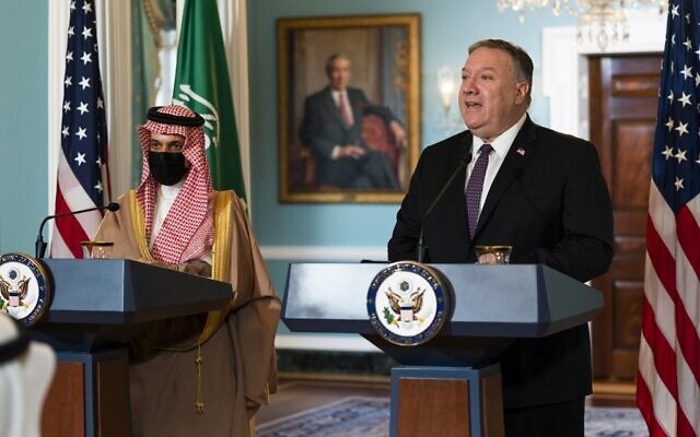 Saudi Foreign Minister Prince Faisal bin Farhan Al Saud (L) listens to US Secretary of State Mike Pompeo speak during their meeting at the State Department in Washington, October 14, 2020. (Manuel Balce Cenata/Pool/AFP) Saudi Foreign Minister Prince Faisal bin Farhan Al Saud (L) listens to US Secretary of State Mike Pompeo speak during their meeting at the State Department in Washington, October 14, 2020. (Manuel Balce Cenata/Pool/AFP)