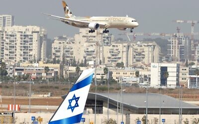An Etihad Airways plane carrying a delegation from the United Arab Emirates on a first official visit lands at Israel's Ben Gurion Airport near Tel Aviv, on October 20, 2020. (Jack Guez/AFP)