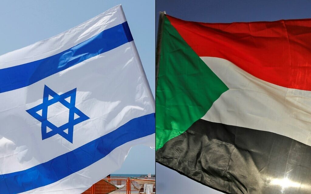 This combination of pictures created on October 23, 2020, shows an Israeli flag during a rally in the coastal city of Tel Aviv on September 19, 2020; and a Sudanese flag during a gathering east of the capital Khartoum on June 3, 2020. (JACK GUEZ and ASHRAF SHAZLY / AFP) This combination of pictures created on October 23, 2020, shows an Israeli flag during a rally in the coastal city of Tel Aviv on September 19, 2020; and a Sudanese flag during a gathering east of the capital Khartoum on June 3, 2020. (JACK GUEZ and ASHRAF SHAZLY / AFP)