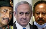 This combination of pictures created on October 24, 2020 shows (L to R): the President of the Sudanese Transitional Council General Abdel Fattah al-Burhan on the outskirts of the capital Khartoum on October 30, 2019; Israeli Prime Minister Benjamin Netanyahu in the East Room of the White House in Washington, DC on January 28, 2020; and Sudan's Prime Minister Abdullah Hamdok in the capital Khartoum on July 26, 2020.(ASHRAF SHAZLY and Sarah Silbiger / various sources / AFP)