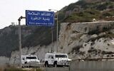 UN military vehicles of the United Nations Interim Forces in Lebanon (UNIFIL) enter the southern Lebanese border town of Naqura, where the second round of talks started on October 28, 2020, between Lebanon and Israel at a UN base on the demarcation of the maritime frontier between the two countries. (Mahmoud Zayyat/AFP)
