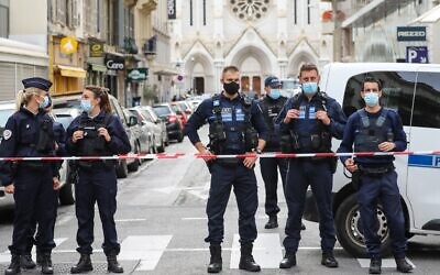 Police block access to the Notre-Dame de l'Assomption Basilica in Nice on October 29, 2020 after a knife-wielding Tunisian man killed three people at the church in a terror attack. (Valery Hache/AFP)