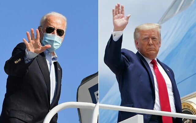 This combination of pictures created on October 30, 2020, shows Democratic presidential candidate Joe Biden (L) and US President Donald Trump waving as they board planes. (Angela Weiss and Mandel Ngan/AFP) This combination of pictures created on October 30, 2020, shows Democratic presidential candidate Joe Biden (L) and US President Donald Trump waving as they board planes. (Angela Weiss and Mandel Ngan/AFP)
