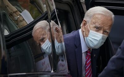 Democratic US presidential nominee Joe Biden arrives at The Queen theater on October 19, 2020, in Wilmington, Delaware. (Drew Angerer/Getty Images/AFP)