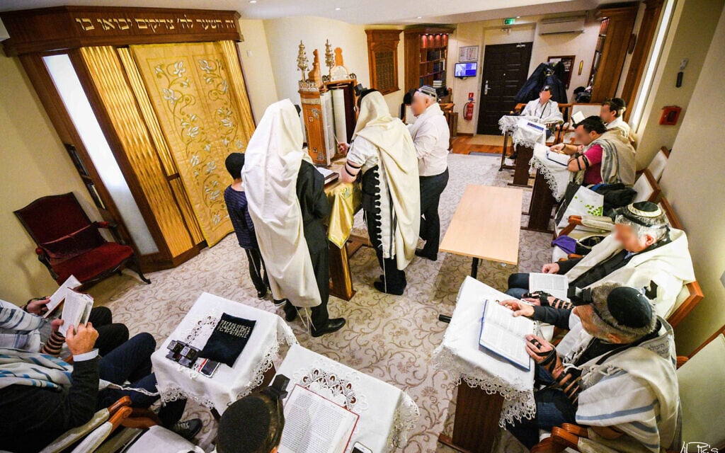 Jews pray at the Jewish Cultural Center of Monaco in 2018. (Courtesy of Rabbi Tanhoum Matusof/ via JTA)