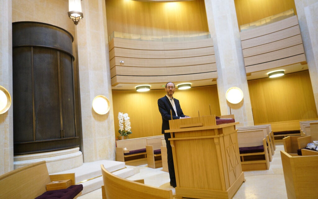 Rabbi Daniel Torgmant prays at the Synagogue Edmond Safra in Monaco, March 7, 2018. (Cnaan Liphshiz/ JTA)